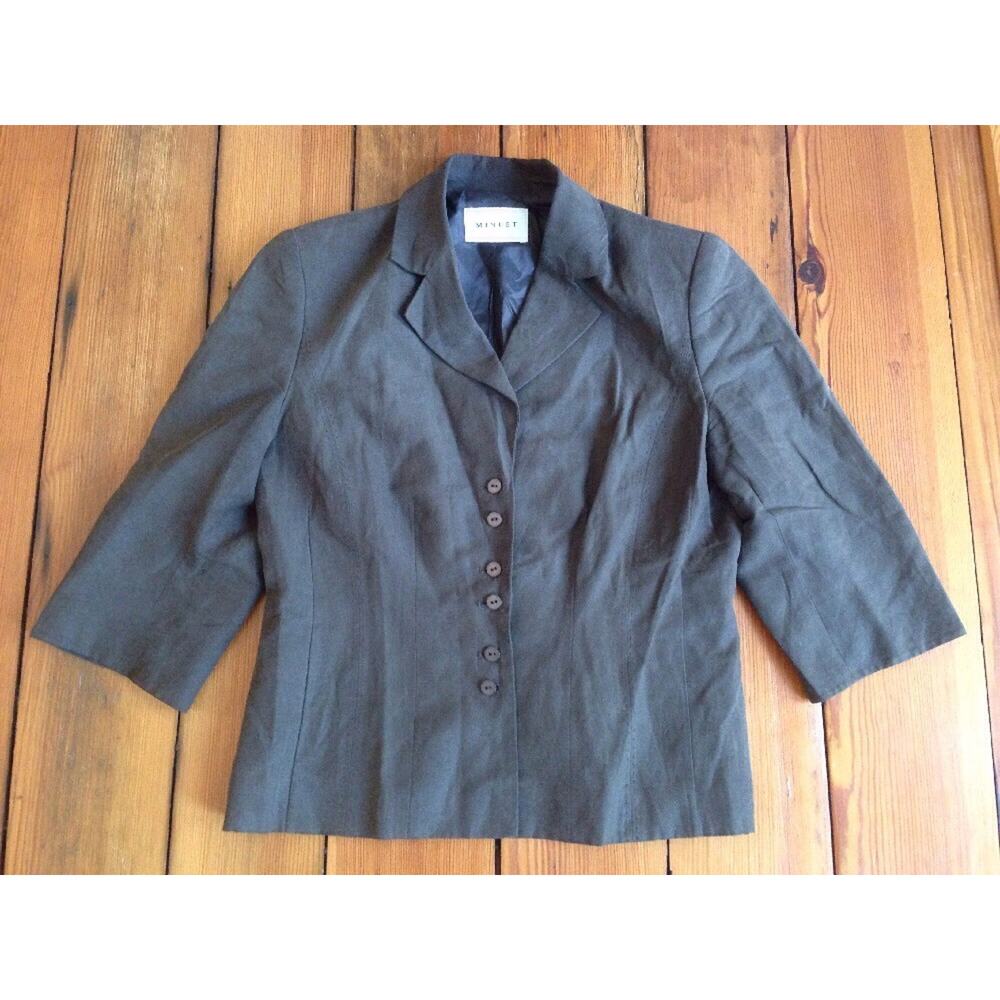 Minuet Silk Linen Fitted Crop Sleeve Blazer Jacket Olive Green Brown 36" Chest